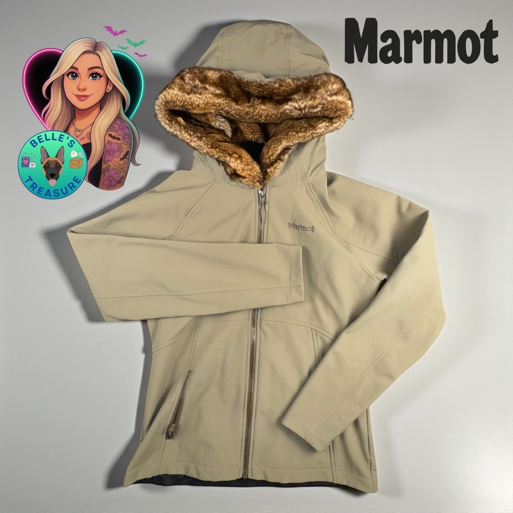 Marmot Women's Medium Furlong Jacket Softshell Faux Fur‎ Lined Hood Green Coat